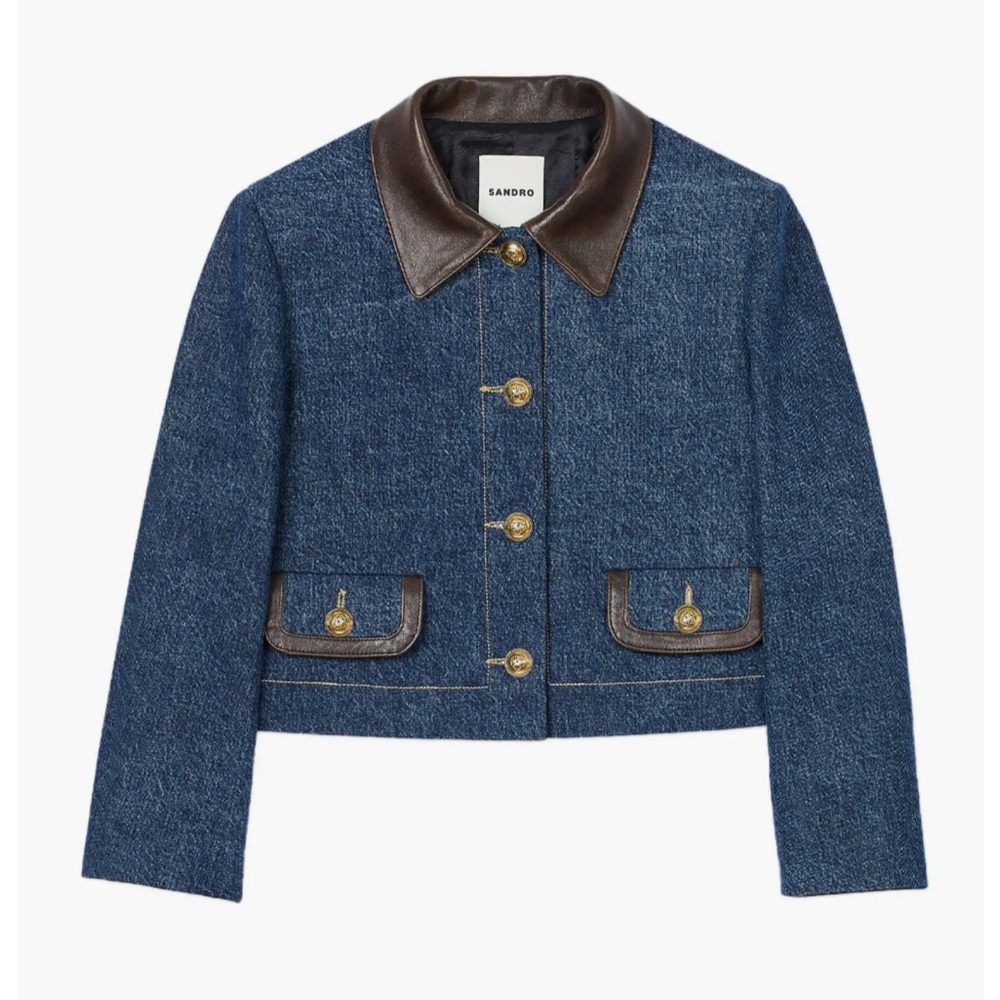 Sandro Denim Jacket with Leather Collar